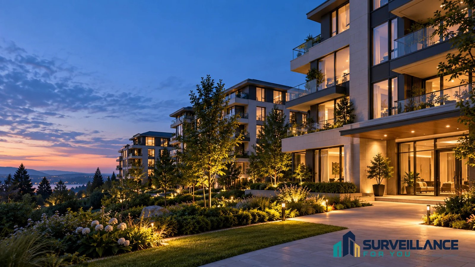 Illustration of modern residential apartments and landscaped grounds at blue hour.