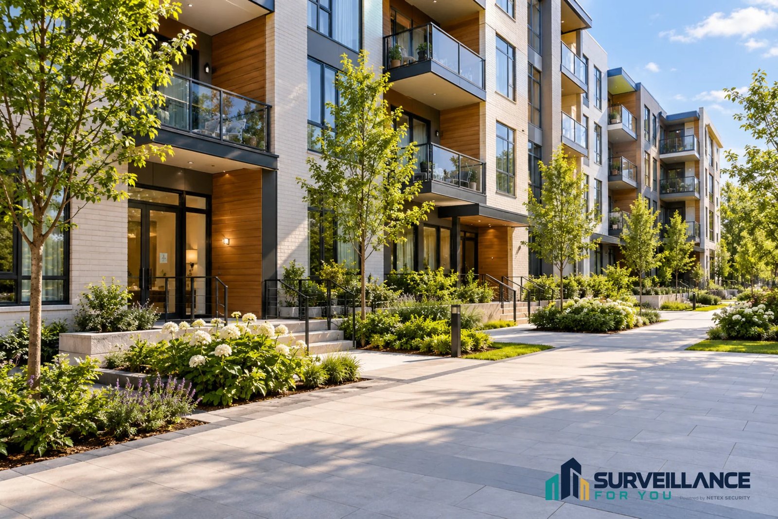 Illustration of a managed residential building beside a landscaped shared walkway.