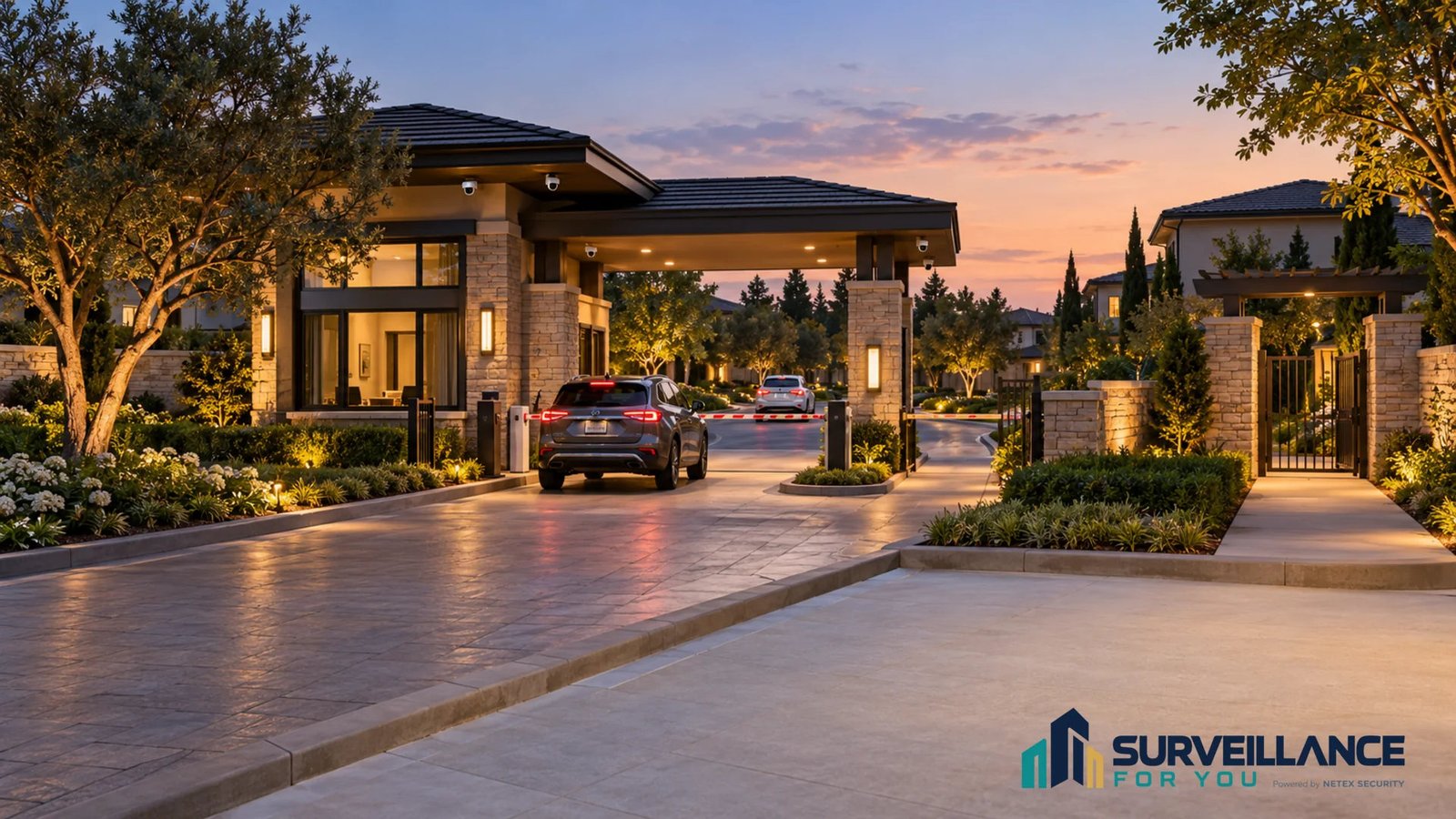 Illustration of a gated residential entrance with vehicle barriers and an access building.