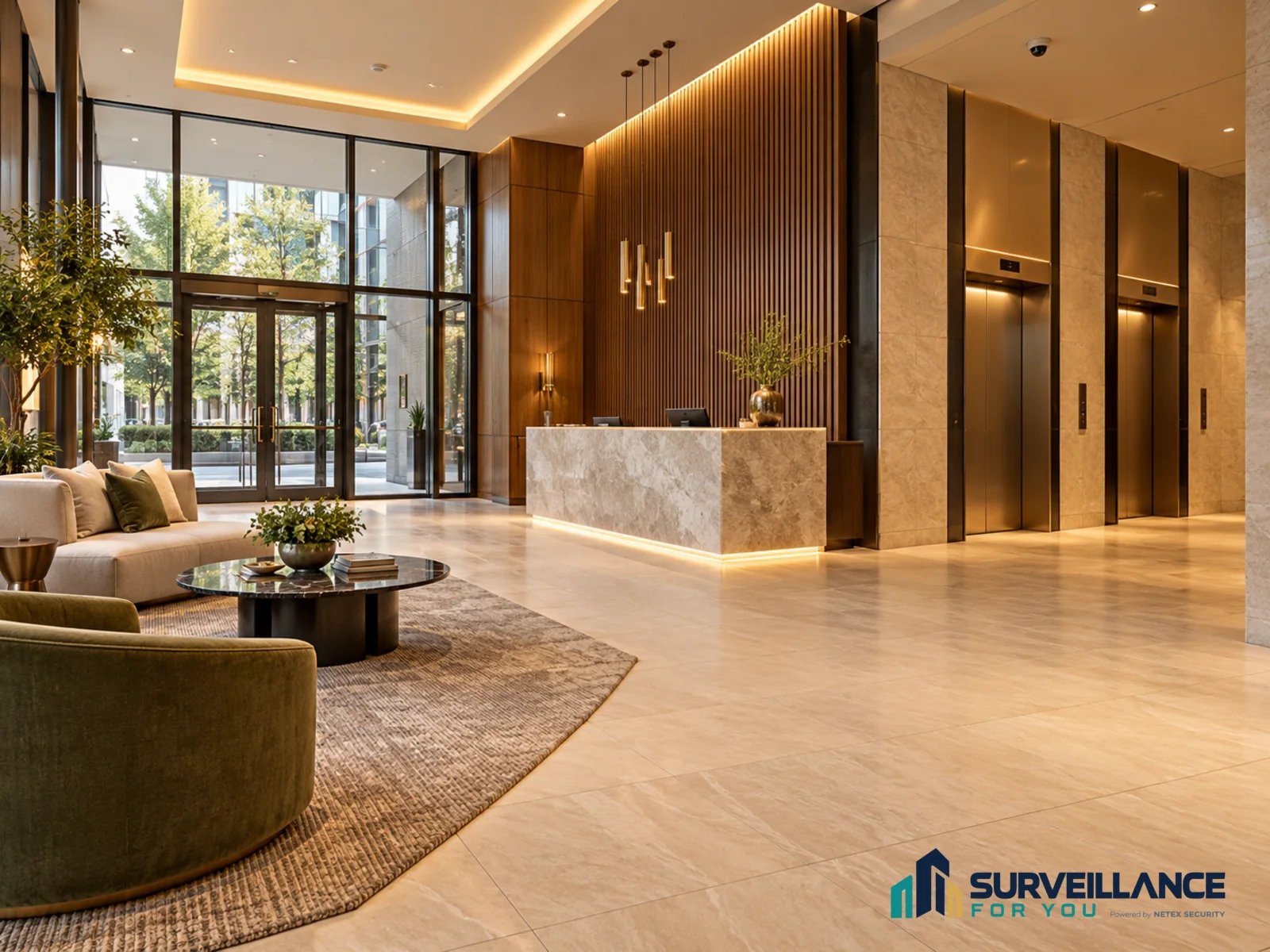 Illustration of a residential shared lobby with reception, seating and lift entrances.