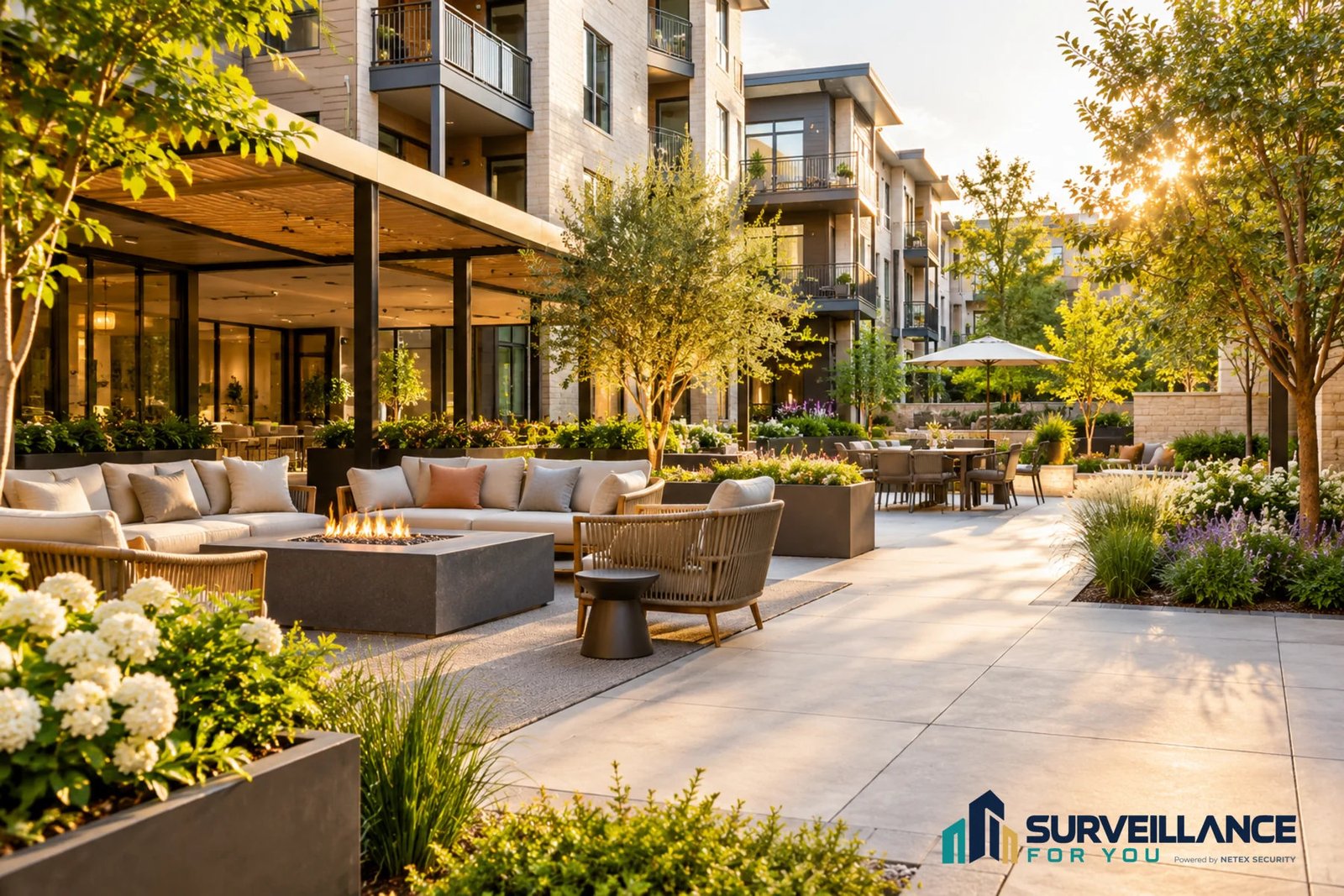 Illustration of a landscaped communal courtyard with outdoor seating.