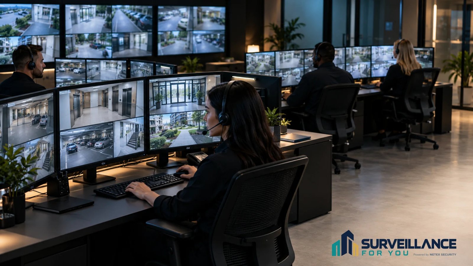 Conceptual illustration of a monitoring room with operators and residential camera displays.