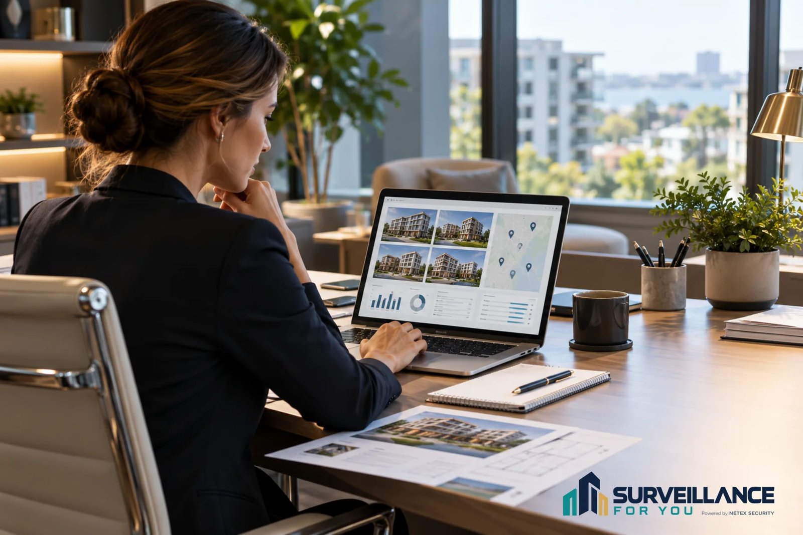 Conceptual illustration of a property manager reviewing several properties on a laptop.