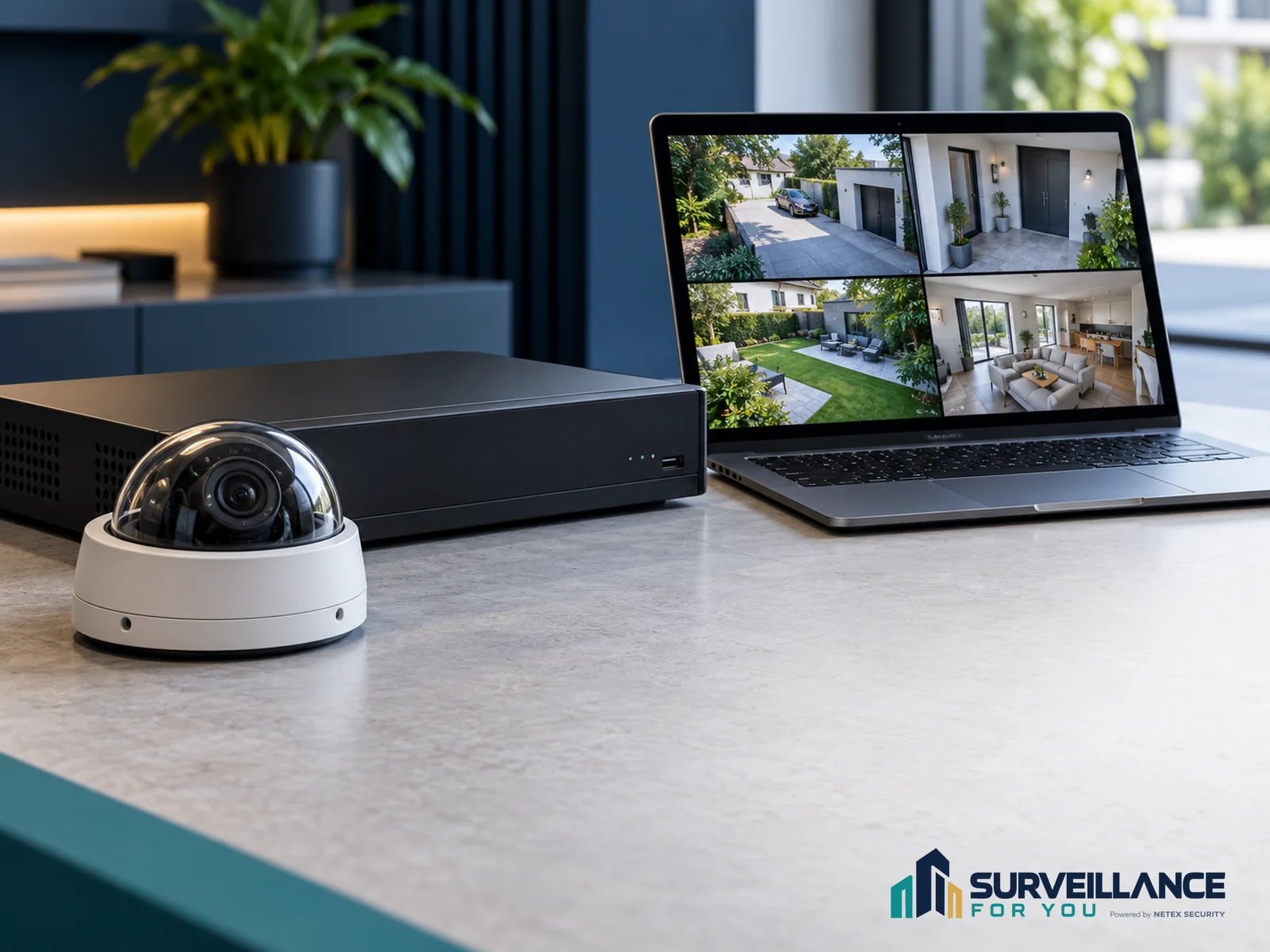 Conceptual illustration of a CCTV camera, recording unit and laptop used to explain compatibility review.