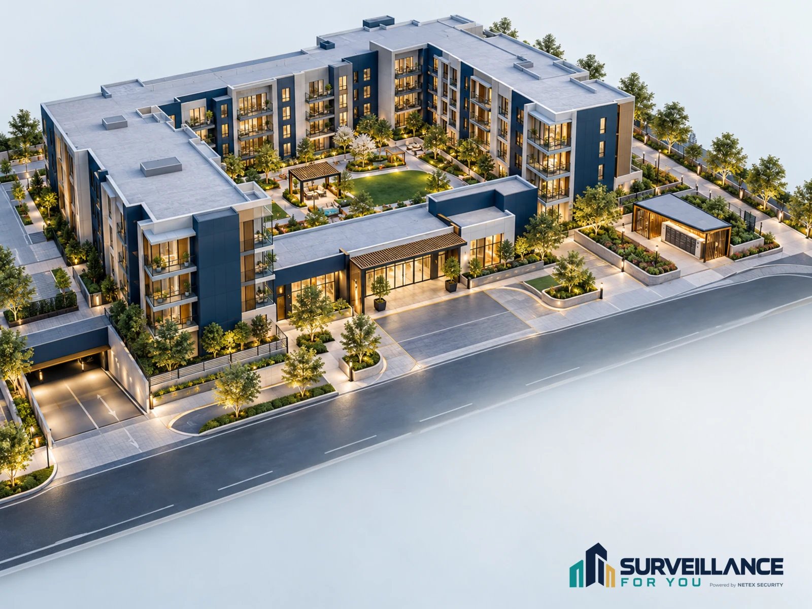 Conceptual aerial illustration of an apartment complex showing shared entrances, courtyard, parking and perimeter paths.