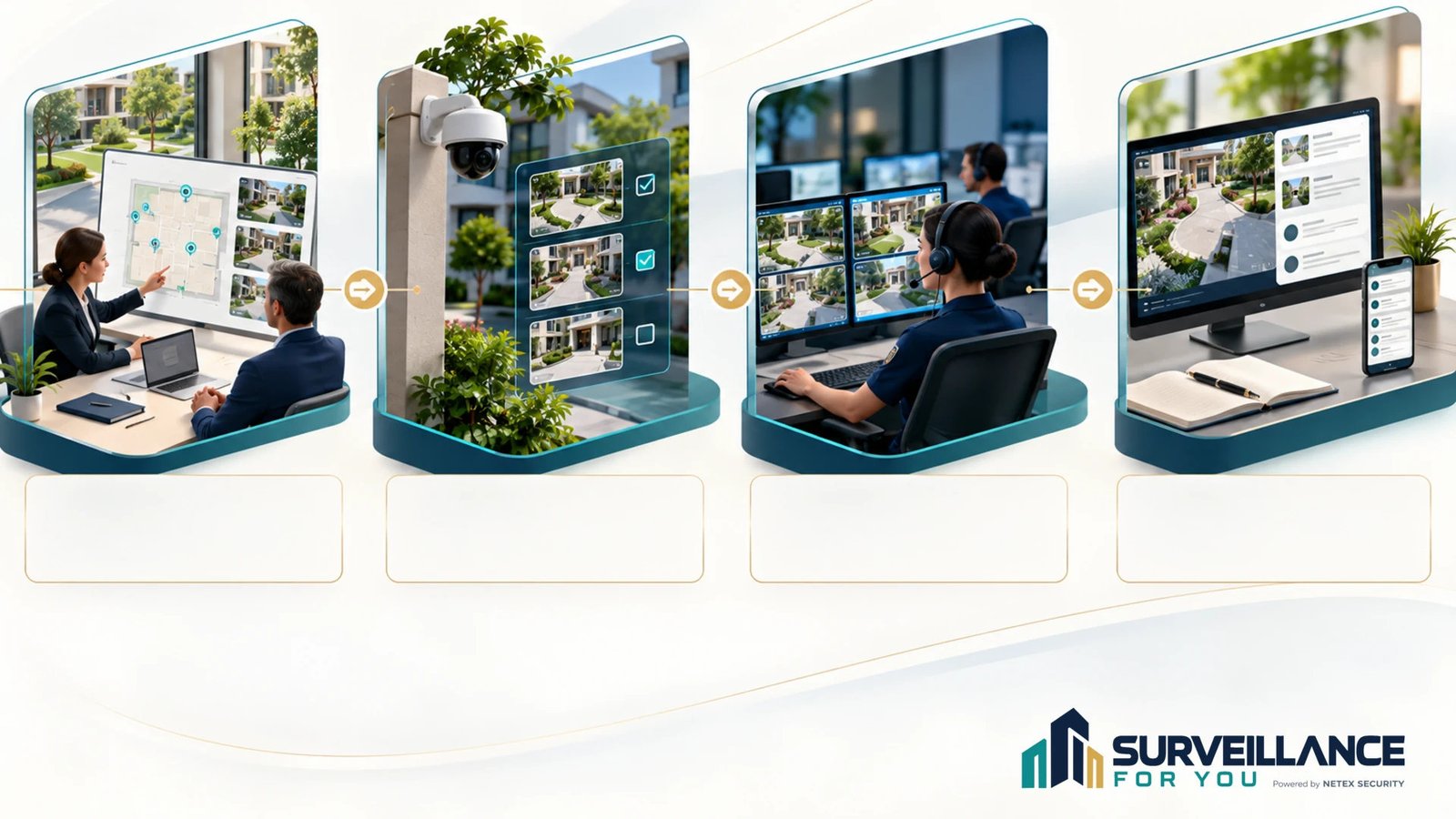 Conceptual four-stage illustration of property review, camera selection, monitoring and reporting.